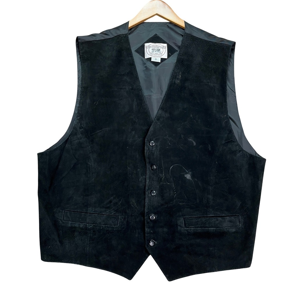 Vintage John Ashford Sport Vest Mens XL Black Leather Suede Button Front Classic
